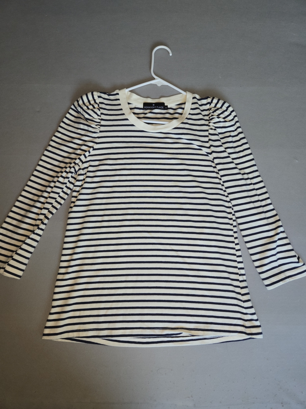 Pomander Place Women Medium Top Striped Puff Sleeve Navy Blue White Cotton Stret